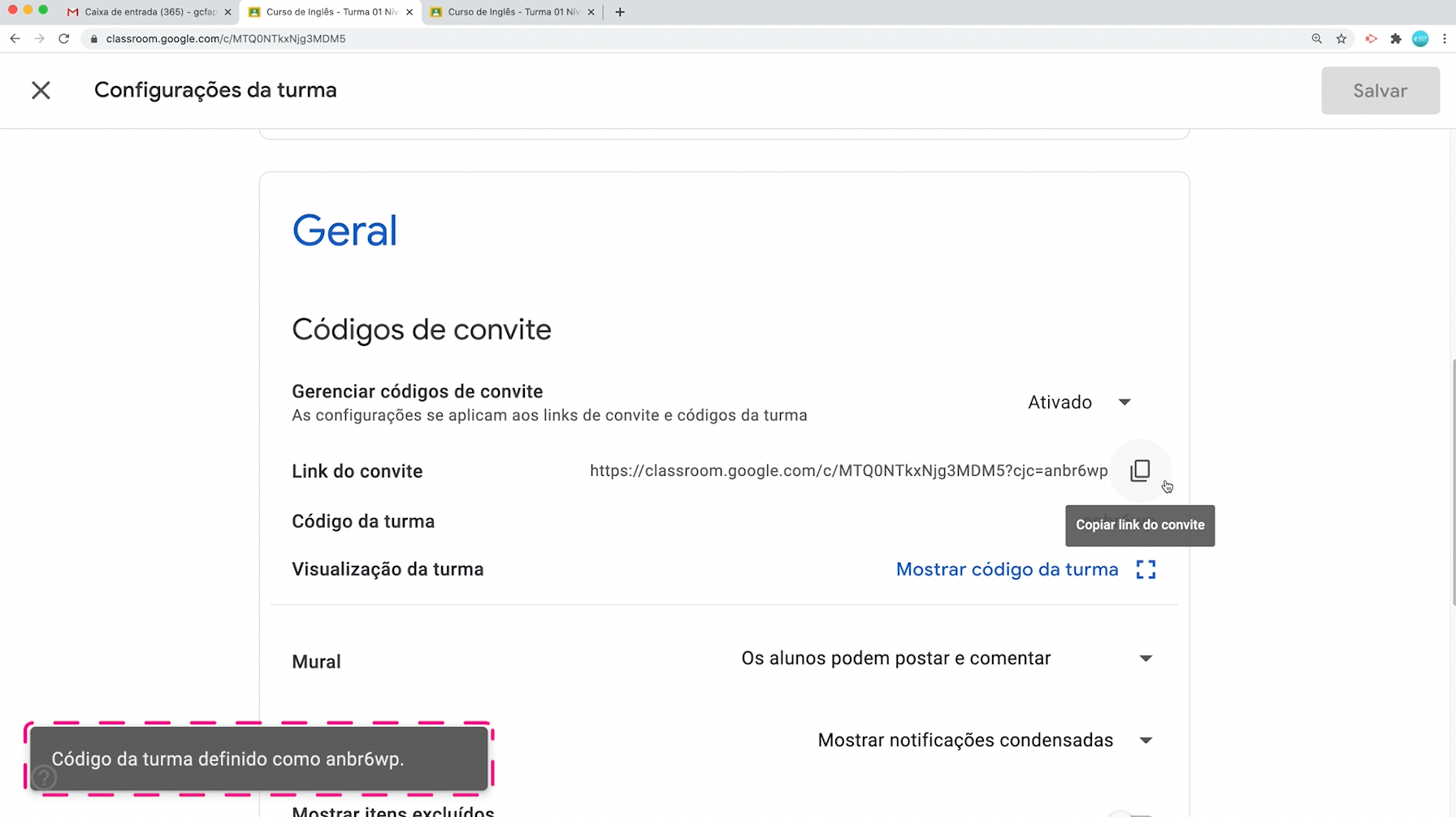 como redefinir o código do convite do Google Sala de Aula2